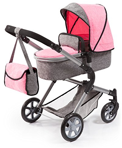 Bayer Design 18125AA Dolls Pram City Neo with bag and underneath shopping basket, convertible to a pushchair, modern design, grey rose pink