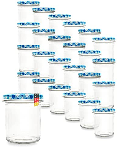 flaschenbauer.de 24er Set Sturzgläser 340 ml inkl. blau Karierte Twist Off Deckel TO82 zum Einmachen von Suppen, Babynahrung, Dips oder zur Aufbewahrung von Tee und Kräuter