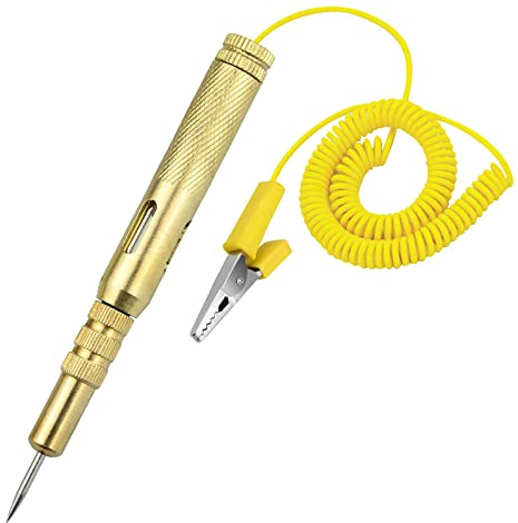 Stromprüfer mit Krokodilklemme, 6V 12V 24V Stromprüfer Spannungsprüfer Kfz Prüflampe Langsonden Teststift mit Anzeigelampe für Niederspannungssysteme (Gelb)
