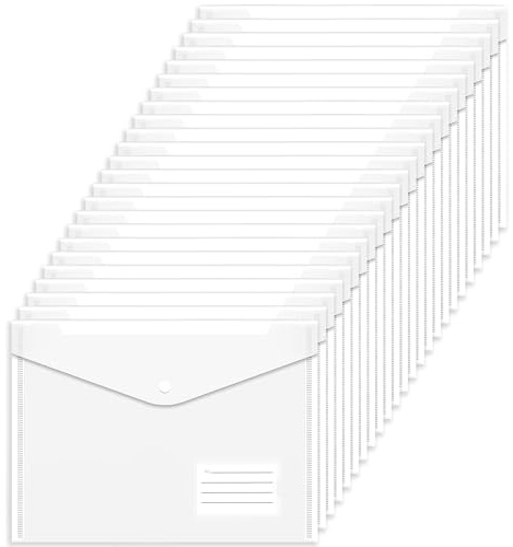 Clear Plastic Wallets A4 Folders - 24PCS Plastic Popper Wallets with Label Pocket Document Files A4 Plastic Envelope Wallet