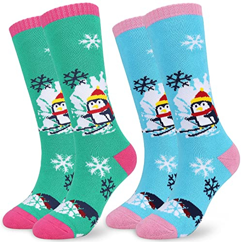 Kids Thermal Ski Sports Winter Socks,2 Pairs Knee High Colorful Skiing Snowboarding Walking Warm Socks for 5-15 Years Old Youth Boys Girls UK Child Size 8.5J-2/EU26-34