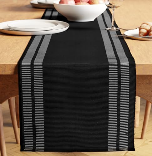 Encasa XO Camino de Mesa | Algodón de Canalé Fino Teñido con Hilo | Tamaño 32x240 cm | Black de Escalera | Lavable a Máquina