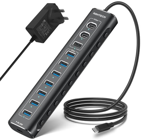 RSHTECH 60W Powered USB C Hub, Aluminum 11-Port USB Hub with 10Gbps USB 3.2 Data Port (2C+1A), 7x USB 3.0, 20W PD Charging Port and 3.3ft Cable for Laptops and Desktops (RSH-A11PD)