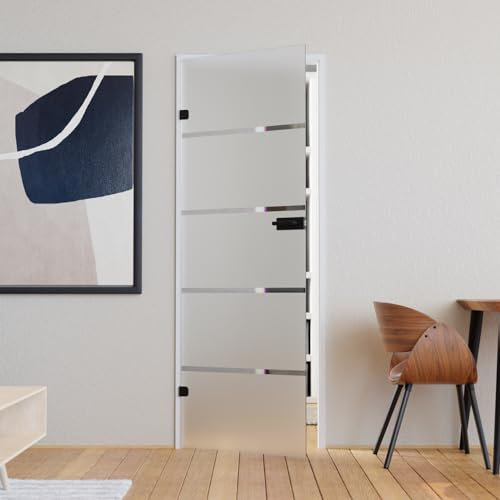 Glastür Komplettset mit Beschlag 709 x 1972 mm Milchglas Streifen - Glastüren 8mm ESG satiniert - Innentür Glas mit Türgriff schwarz abgerundet Profilzylinder vorgerichtet DIN links