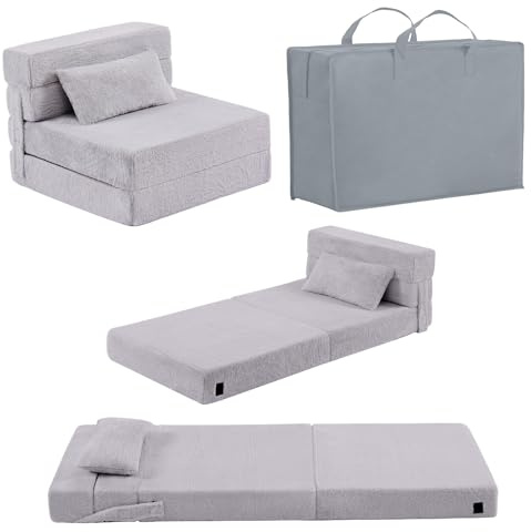 Givjoy Folding Sofa Bed Mattress for Kids with Pillow, Toddler Washable Folding Floor Mat for Daycare, Child Fold Up Sofa Futon Chair Bed with Storage Bag for Playroom, Camping, Girls and Boys, Grey