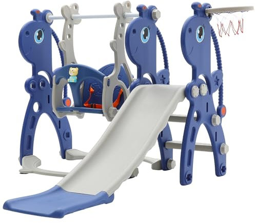 FUKEA Baby Swing Slide, 5-in-1 Toddler Slide and Swing Set with Musical Story Box, Climb Frame, Basketball Hoop, Outdoor Indoor Kids Slide for Toddler Age 1-3, Baby Garden Swing