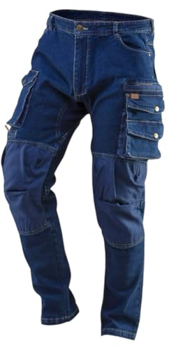 Popoqo Mens Slim Fit Stretch Heavy Duty Work Jeans with Knee Pad Pockets Denim Pants Multi Pockets Pro Builder Premium Cargo Combat Work Trousers (UK, Waist & Inseam, 34, 32, Dark Blue)