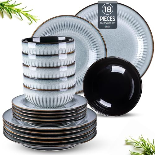 LeRatio Juego de vajilla para 6 personas, 18 piezas, esmalte reactivo, juego de vajilla de cerámica resistente a los arañazos, apto para lavavajillas y microondas (azul mancha, juego de 18 piezas)