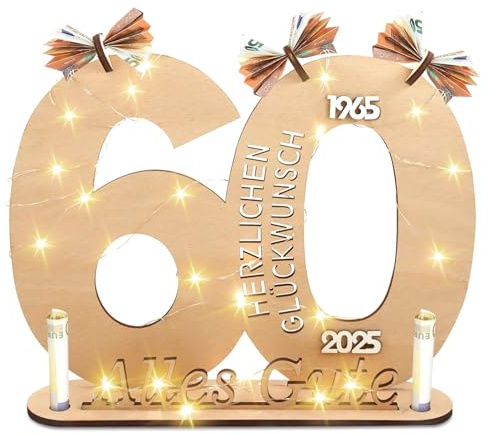 Holz-Schild Gästebuch,Geldgeschenke Geburtstag 60,Gästebuch Geburtstag mit LED Lichterkette,60. Geburtstag Geldgeschenk Holz für Familie Freunde,Geburtstag Deko für Frauen & Männer