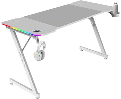 MARSGAMING MGD-X140RGB, Scrivania Gaming Ergonomica, Illuminazione ARGB con Telecomando, Fibra di Carbonio, Tappetino XXL, Supporto Cuffie e Bevande, Gestione Cavi, Scrivania Gaming 140x60cm, Bianco