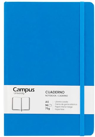 Campus A5-anteckningsbok, Bullet Journal med släta blad, inbunden anteckningsbok med 96 ark på 75 g, elastisk stängning, ficka och bokmärke (A5, slät, himmelsblå)