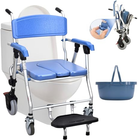 Silla de Ducha con Ruedas para Personas Mayores | Silla de Ducha con Respaldo y Cubo de Inodoro | Silla Inodoro Ancianos | Soporta Hasta 150 kg