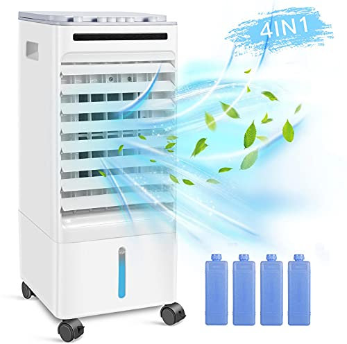 SONBION Verdunstungsluftkühler, 4 In 1 Aircooler Luftkühler Luftbefeuchter Luftreiniger Ventilator mit 4 Eiswürfelbehältern, mobiler Luftkühler Ventilator für Home Office, 3Winde Niveau, 5LWassertank