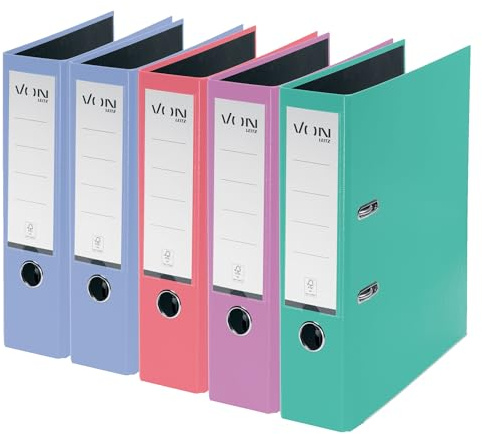 Von Leitz 5-pack mapp A4, kartong med plastomslag, 80 mm ryggbredd, för 600 ark, FSC-certifierad kartong, mapp, för skola, studier och hem, flera färger, 10551099