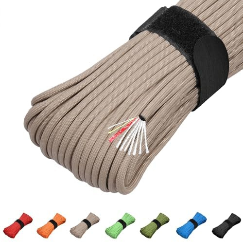 KOKKOYA 31m Survival Paracord 550 4mm Nylon Fire Cord 10 Strands Guy Ropes | 550 lb Paracord with 10-Strand Core, Survival Cord for Camping, Hiking, DIY Projects & Outdoor Emergency Use,khaki