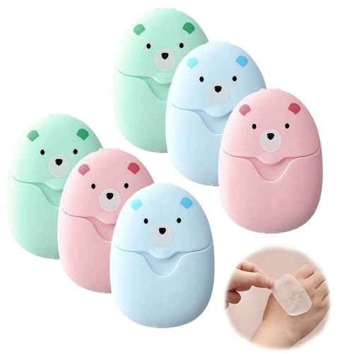 6 Cajas Hojas de Jabón, Portátiles Jabón de Papel Lindos Papeles Portable Paper Soaps con Caja Plástico Hebilla Colores Surtidos Papel Jabón para Cocina Inodoro Exterior Viaje Acampada Senderismo