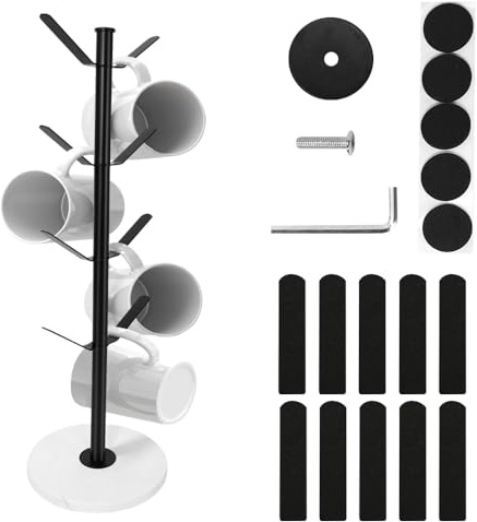 Vurixfo Marble Mug Tree Stand, 8 Hook Coffee Cup Holder Weighted Marble Base Stable Mug Holders Coffee Tea Cup Organizer Hanger Holder Coffe-e Cups Stand Storage Rack for Kitchen Counter Cabinet Bar