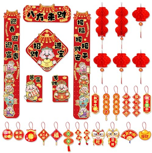 30 Pezzi Set Decorazioni Capodanno Cinese, Coppie Augurali Lanterne Carta con Decorazioni Appendibili, Set Decorativo Tradizionale Cinese per Festa e Decor