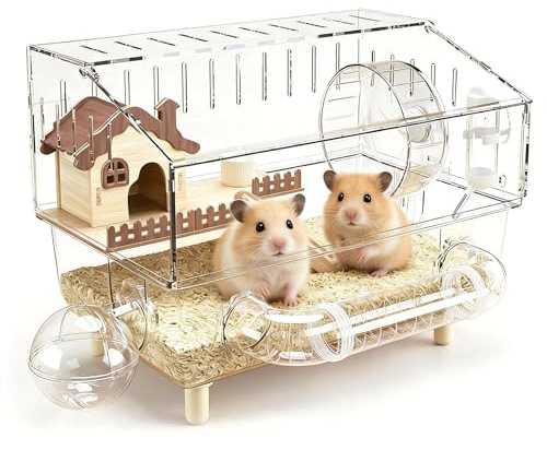 Jaula Hamster, 43 x 30 x 34 cm Jaula Grande para Hámster de Acrílico con Zona de Descanso Rueda de Ejercicio Túnel Baño Exterior Tetera y Comedero para Animales Pequeños para Jugar y Retozar