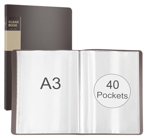 hocadon Porte Document A3 avec Pochettes Transparentes Porte-Vues 40 Vues | Classeur DIN A3 Livre D'affichage Avec 40 Pochettes Transparentes Pour œuvres d'art, Fournitures de Bureau