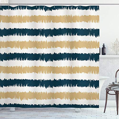 ABAKUHAUS Gestreift Duschvorhang, Marine-Blau-Beige-Pinsel, Stoffliches Gewebe Badezimmerdekorationsset mit Haken, 175 x 180 cm, Petrol Blau Weiß Beige