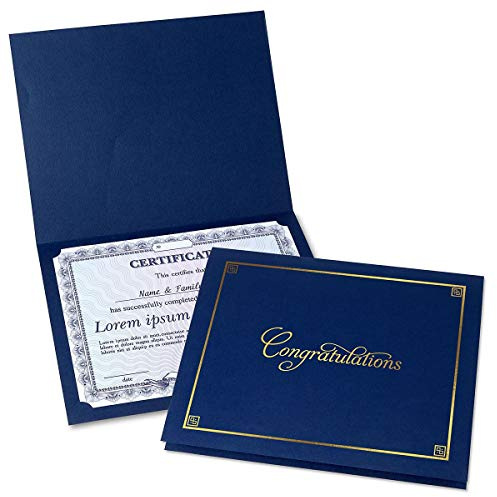 Congratulations Blue & Gold Certificate Folders - Pack of 50, Linen Cover 80 lb. Stock, Folded, Die-Cut Corners, for Office, Business Awards, Graduation, School Diploma Holder, 9-1/2 x 12