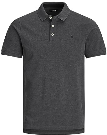 JACK & JONES Herr slim fit pikétröja JJEPAULOS uni sommarskjorta krage kort arm basic piké bomull, Mörkgrå melange/detalj: tonal/svart/smal, L