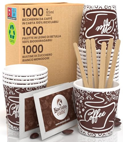 Baciato Caffè 1 000 pappersmuggar för kaffe 65 ml miljövänliga engångsmuggar + 1 000 individuellt förseglade komposterbara paletter av björkträ