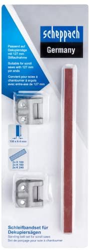 Scheppach Schleifbandset für Dekupiersägen | jeweils 2x Körnung 100/180 / 240 | Länge 130 x 6,4mm | für alle Dekupiersägen mit 127mm Stiftaufnahme | Schleifbänder für Dekupiersägen & Modellbausägen