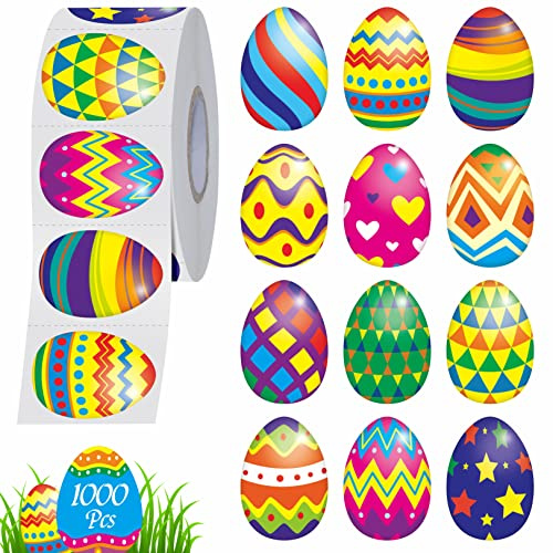 1000 PCS Easter Stickers, 12 Designs Easter Egg Round Stickers Happy Easter Holiday Decoration for Holiday Decals Party Supplies Reward Gifts (1” in Diameter)