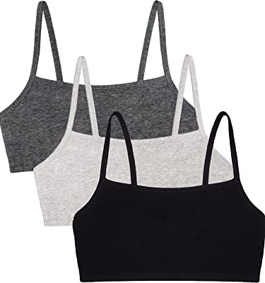 Fruit of the Loom Women's Spaghetti Strap Cotton Sports Bra-All-Day Comfort, Opaque, Black/Heather Grey/Charcoal, 38 (Pack of 3)