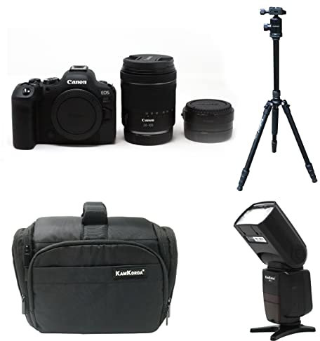 KamKorda Camera Bag + Flash + Tripod + R6 Mark II Mirrorless Digital Camera Body + RF 24-105 f/4-7.1 IS STM Lens + R Mount Adapter, 24.2MP Full-Frame CMOS Sensor, 4K Video + 2 Year Warranty