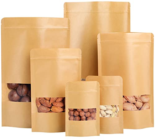 Lot de 100 Sachets Kraft Alimentaire, Sachet Kraft Zip, Emballage Alimentaire Reutilisable, Sac Papier Kraft avec Fenêtre, Résistant à L'humidité, Sachet Kraft pour les Graines et les Noix (9x14CM)