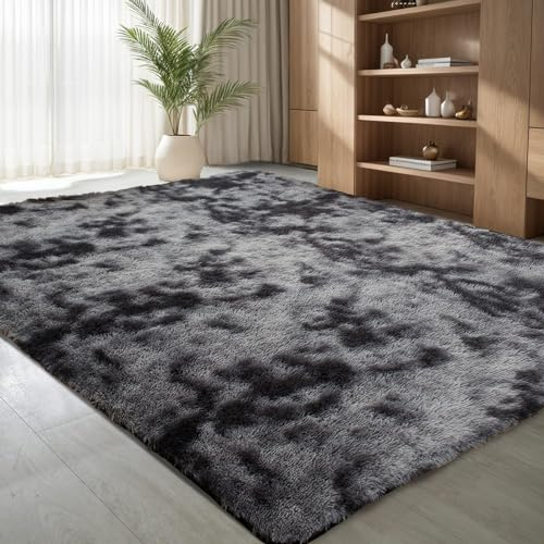 jianandi Teppich Wohnzimmer, Flauschige Weiche Teppiche für Schlafzimmer, Hochflor Waschbare Bettvorleger, Moderne Anti-Rutsch Teppich für den Eingangsbereich, Tie-dye Dunkelgrau, 80 x 150 cm