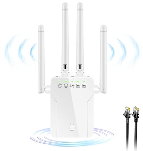 WLAN Verstärker 1200Mbit/s Repeater 5GHz & 2.4GHz Dualband Signalverstärker, Repeater/Access Point/Client Mode, Mit RJ45 Netzwerkkabel, WPS, 2 LAN Ports, 4 Antennen, Kompatibel Zu Allen Geräten