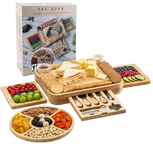 Rae Dunn Large Bamboo Charcuterie Board Set with Serving Forks and Platters