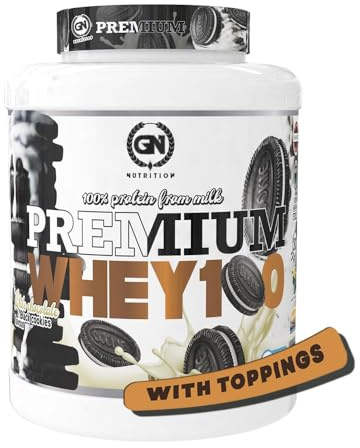 GN Nutrition Premium Whey 100% 2kg | Sabor WHITE CHOCOLATE and BLACK COOKIES Con TOPPINGS | Proteína Con Vitamina B6 y DigeZyme | Ideal para Deportistas
