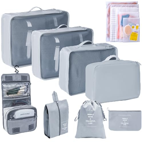 Giznzg 13 Teilige Packing Cubes, Koffer Organizer, Reise Organizer Set Mit Schuhtasche, Kosmetik Tasche, Kleidung Tasche, Zubehör Taschen für Reise Gepäck Organizer Frauen Männer (Grau)