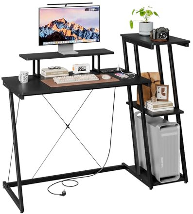 Dripex Schreibtisch mit USB&Steckdose, Gaming Tisch mit Regal, Computertisch mit Abnehmbarer Monitorhalterung, PC Tisch Bürotisch für Home Office, Eckschreibtisch, schwarz 120cm
