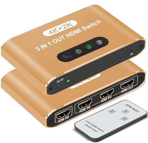 HDMI Switch 3 In 1 Out, 4K@60Hz HDMI Switcher Selector with Remote Control, Supports 4K 3D HD Monitor, Compatible with Laptop/PC/DVD Blu-Ray/PS5/PS4/Xbox/HDTV/Roku TV PC and More(Gold)