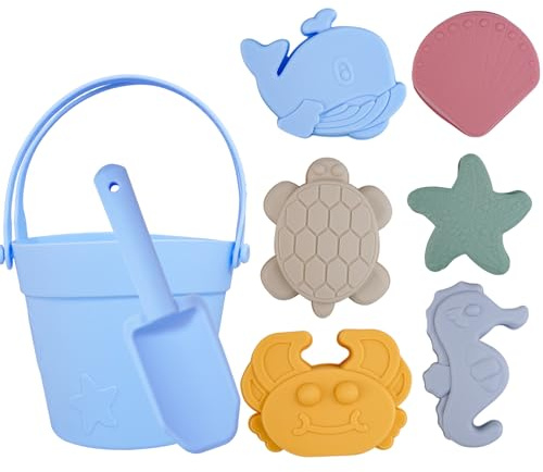 Juguetes Playa, 8 Piezas Juguetes de Arena de Playa Silicona, Juguetes Playa Bebe, Juguetes Playa Niños con Cubo, moldes de Arena,Juguete de Exterior Regalo para Niño Niña
