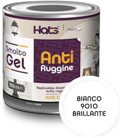 Hats - Vernice Antiruggine per ferro - Smalto Gel Antiruggine Pronto all’uso - Non Cola, Non Gocciola - Adatto per Metallo e Legno - Made in Italy (Bianco 9010 Brillante)