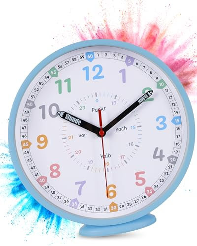 LATENO - Orologio da parete per bambini blu - Orologio da parete colorato per bambini silenzioso - Orologio da parete per bambini senza ticchettio - Orologio analogico da parete per bambini per