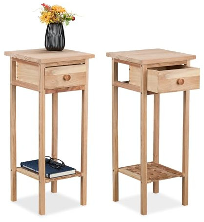 Relaxdays Mesas Auxiliares Estrechas, Set de 2, Mesitas Teléfono Madera, 60x25x25 cm, con Cajón, Pasillo, Salón, Natural, Tablero de Fibras