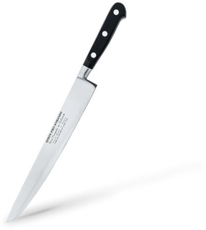 Cuchillo Fileteador Profesional Simón PRO Forjado | Hoja Ultra Flexible 24 cm | Acero Forjado Español | Mango Antideslizante de Fibra Negra | Funda de Piel Marrón | Ideal para Pescado y Jamón