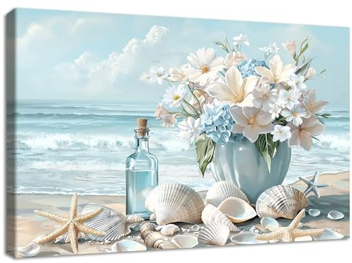 Wooden Framed Canvas Wall Art Blue Ocean Coastal Seascape Painting on Canvas Prints Poster Hydrangea Lilies Flower in Vase Pictures for Living Room Bedroom Home Hallway Corridor Wall Decor 40x60cm