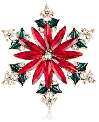Weihnachtsbrosche Damen – Eleganter Weihnachtsanstecker Schneeflocke mit roten Kristallen & Emaille, Strass Weihnachtsbrosche als Schmuck für Jacke, Schal, Hut, Weihnachtskostüm oder Geschenk