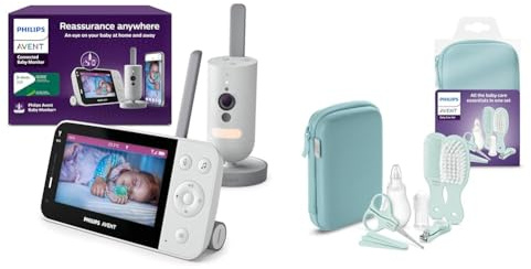 AVENT Set aus Philips Connected Videophone mit WLAN, Infrarot-Nachtsichtfunktion & Schrei-Erkennung SCD951/26 + Philips Babypflege-Set Starter-Set mit 9 Zubehörteilen (Modell SCH401/00)
