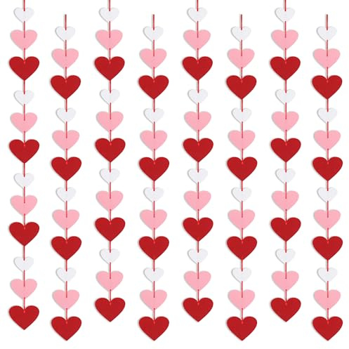 8 Pack Felt Heart Garland, Valentines Day Decorations-No DIY Red Pink White Heart Valentines Hanging String Banner for Anniversary Wedding Engagement Birthday Party