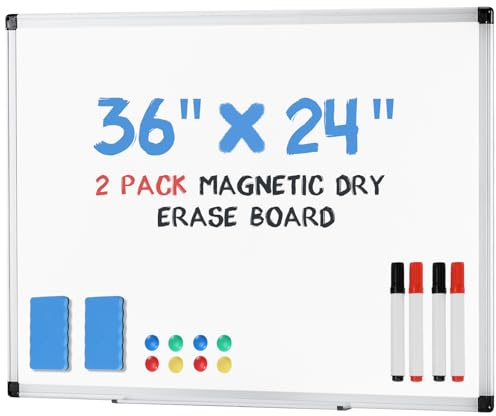KMFurnila Magnetic Dry Erase Board & Whiteboard, 36 X 24 Inches, Silver Aluminum Frame, Comes with 1 Dry Eraser, 2 Dry Erase Markers 1 Pen Tray & 4 Push Pin Magnets